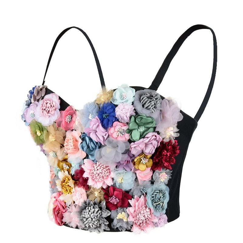 ELLACCI Women's 3D Floral Bustier Crop Top Wedding Party Club Bra Tops X-Small 34/75 Black - Image 1